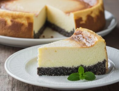 1 Stück Käsekuchen mit Mohnboden auf einem Teller