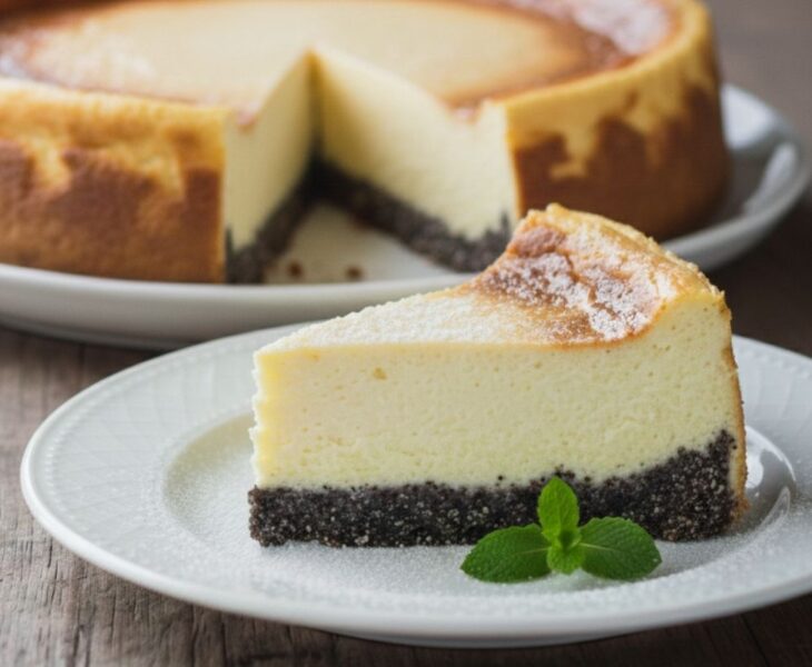 1 Stück Käsekuchen mit Mohnboden auf einem Teller